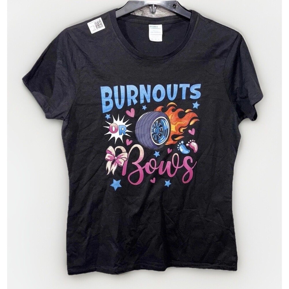 Burnouts or Bows Gender Reveal Party Ideas Baby Announcement T-Shirt Size M
